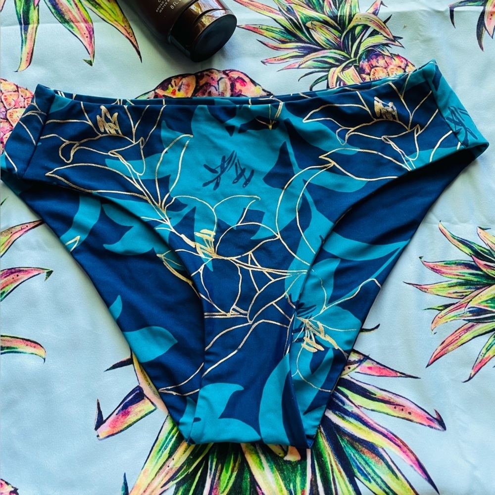 Blue Teal Floral Bikini Bottoms High Waisted Swimsuit Women's Size Medium